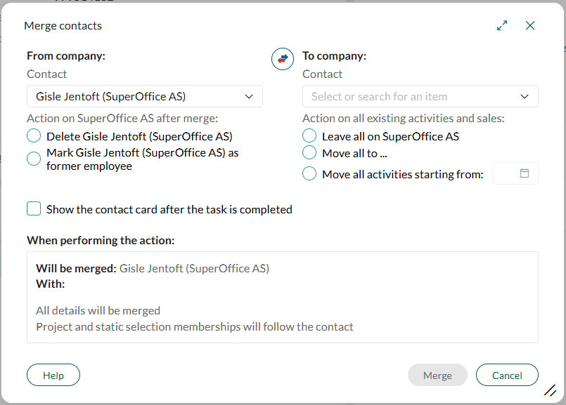 Dialoogvenster Personen samenvoegen met opties om dubbele Personen (inclusief hun activiteiten) te verwerken en post-samenvoegacties te kiezen. -screenshot