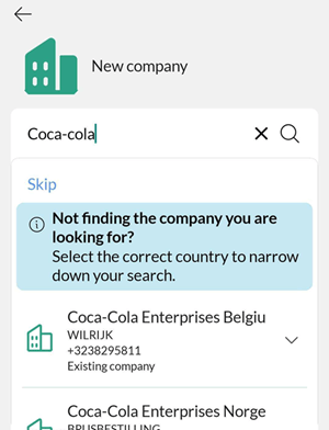 Click Skip to go ahead with the new company by adding it manually -app-screen