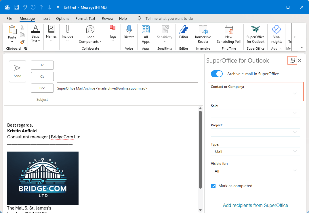 In your email dialog you can pin the app and search for contact or company in the same field -screenshot