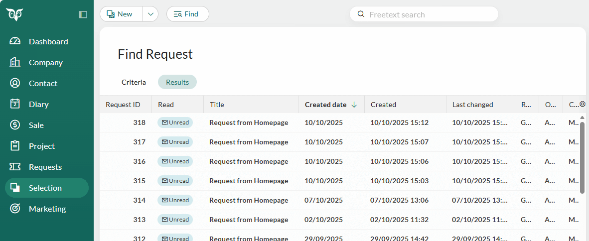 Request lists or selections shows column for Created date and Created -screenshot